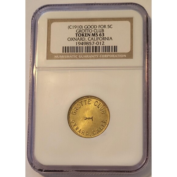Oxnard CA c 1910 Merchant Trade Token Grotto Club Good For 5 Cents MS63 NGC - Picture 1 of 4